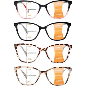4 Pack Progressive Multifocus Reading Glasses for Women Men Blue Light Blocking Readers with Spring Hinge, 1.0 x