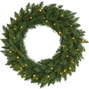 Nearly Natural 24in Artificial Pine Christmas Wreath, Faux Greenery with Clear LED Lights for Indoor Decor