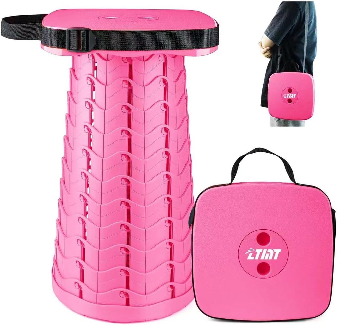 Upgraded Square Folding Stool, Max Load Capacity 485lbs, Portable Collapsible Seat, Telescoping Foldable Stool for Camping,Fishing,Hiking,Travel, Pink