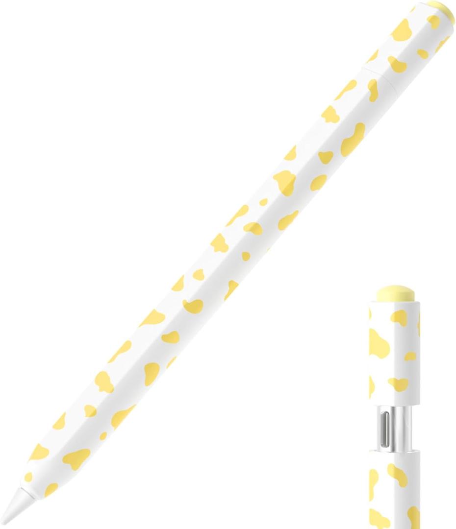 Cow Print Pencil Case for Apple Pencil (USB-C), Comfortable Grip, Side Thin Silicone Sleeve, Supports magnetic attachment. (Yellow)