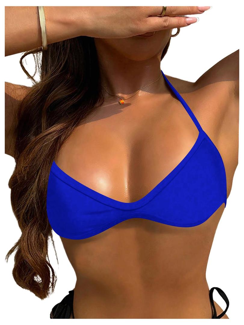 SOLY HUX Women's Halter Neck Bikini Swim Tops (Blue, M)
