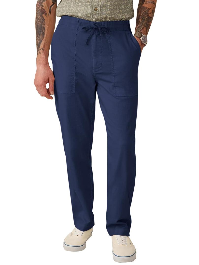 Runcati Mens Casual Linen Pants Drawstring Elastic Waist Trousers Lightweight Loose Fit Beach Pants Navy (L)