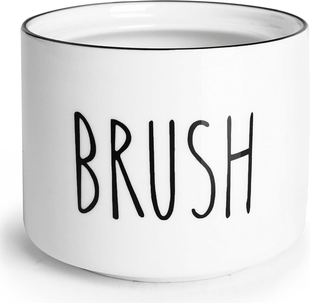 ONTUBE Ceramic Dish Brush Holder, Farmhouse Scrub Brush Holder Dishwashing Brush Stand, Soap Dispensing Kitchen Brushes Holder (White)