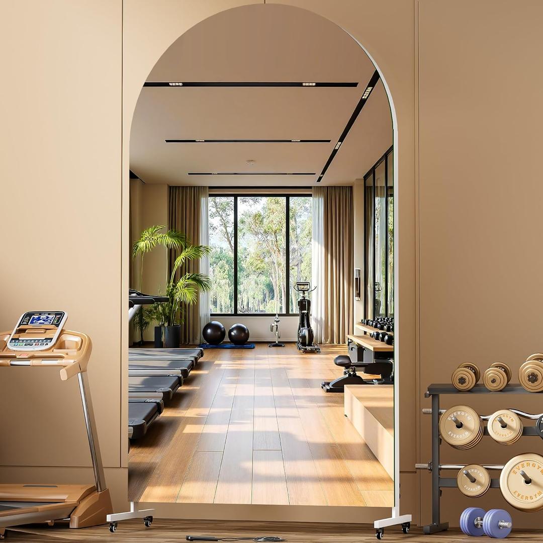 Hasipu 79" x 40" Arched Rolling Home Gym Mirror with Wheels, 360 Swivel Body Mirror with HD Tempered Glass, Large Floor Mirror for Yoga Room, Dance Studio, Bedroom & Home Gym (White)