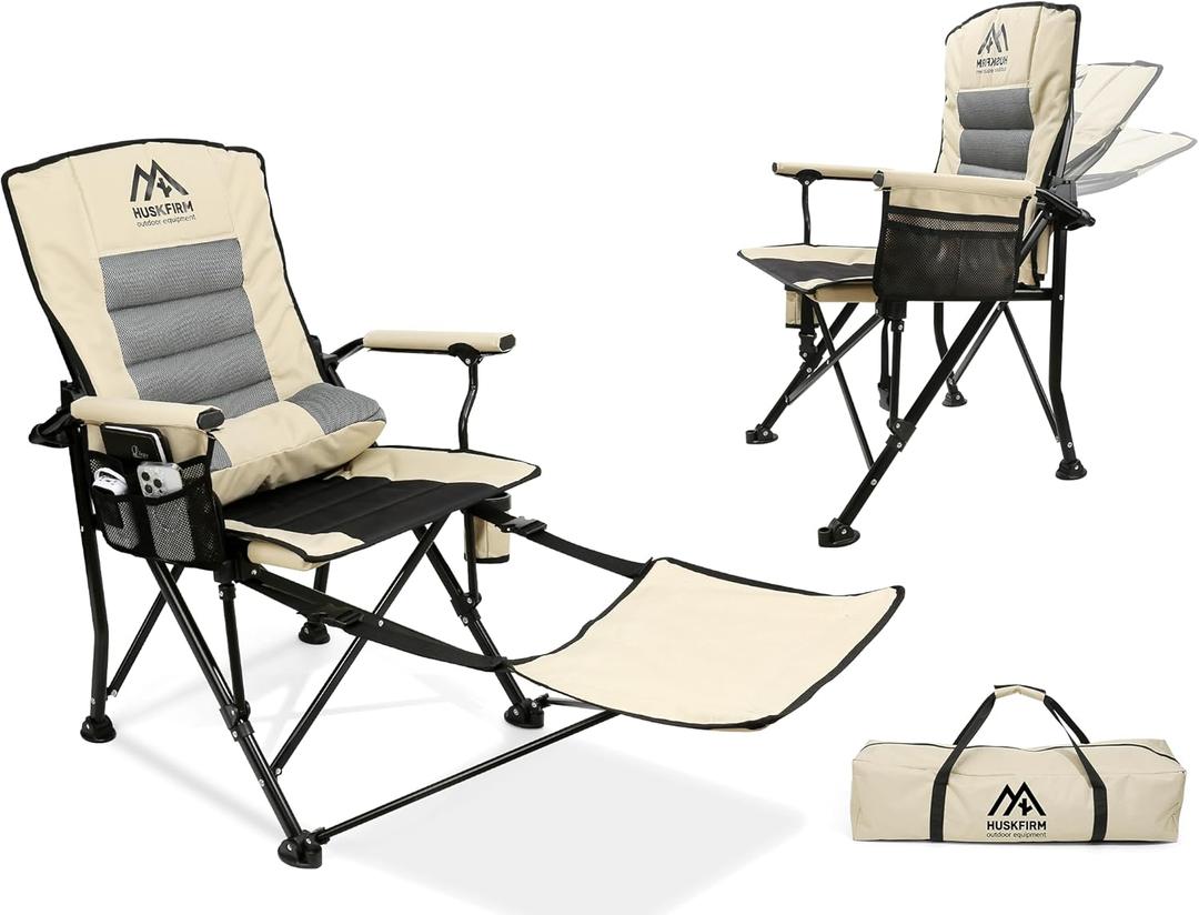 Huskfirm Folding Camping Chairs Adjustable Backrest Camp Chair with Detachable Footrest Support 400 LBS Oversized Reclining Lawn Chair with Lumbar High Back 160 Degrees Padded Beach Chairs for Adults