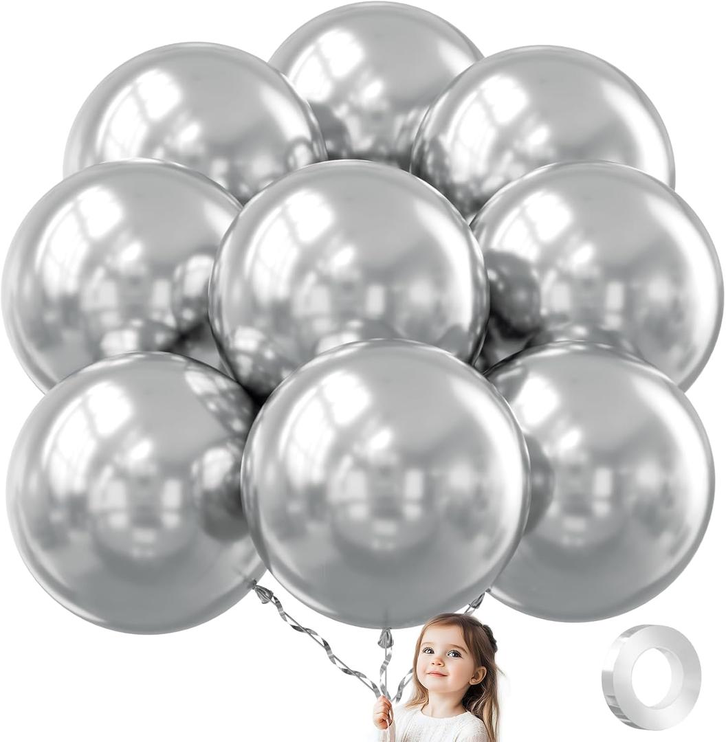 36 Inch Metallic Silver Balloons, 9Pcs Giant Silver Balloons Jumbo Large Thick Big Latex Balloons for Birthday Baby Shower Wedding Anniversary Graduation Photo Shoot New Year Party Decorations