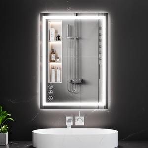 Koonmi 20x28 LED Bathroom Mirror, Backlit + Front Lit, LED Bathroom Mirror with Lights for Wall, 3 Colors, Anti-Fog, Dimmable Brightness, Memory Function, Tempered Glass (28"L x 20"W, 3 Color Modes)
