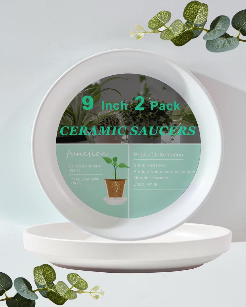 vensovo 9 Inch Ceramic Plant Saucer Pots Tray - 1 Pcs Modern White Planter Saucers for Indoor & Outdoor Plants, Large Pot Trays Perfect for 8 Inch 8.5 Inch 9 Inch Flowerpot