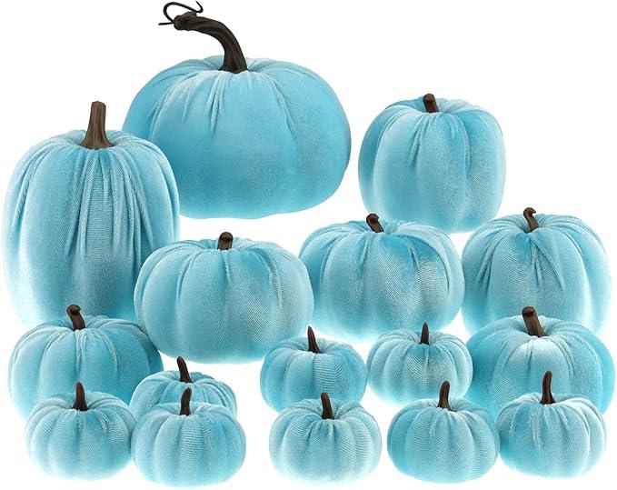 16 Pcs Purple Velvet Pumpkins Thanksgiving Artificial Velvet Pumpkins Set Assorted Fake Pumpkin for Decor Fall Harvest Halloween Kitchen Fall Decor Faux Table Centerpiece Decorative