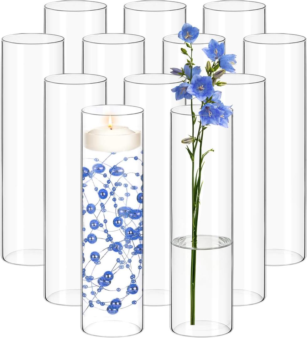 12 Pack Glass Cylinder Vases 14 Inch Tall Clear Flower Bulk Vase for Centerpieces Hurricane Floating Candle Holder for Table Home Decor Wedding Holiday Floral Shelf Party Dining Decoration