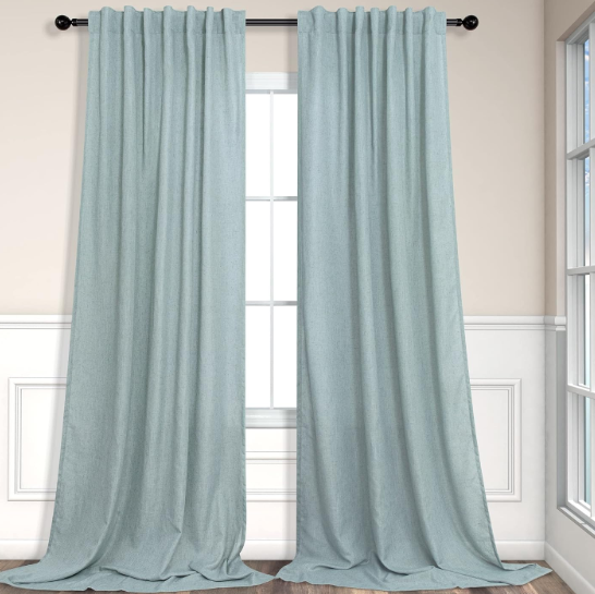 Aqua Curtains 84 Inch Length for Living Room Pair Set Back Tab Pocket Linen Panels Semi Sheer Blue Green Curtains for Bedroom Kids Teen Boys Coastal Beach Farmhouse Decor Seafoam Mint Teal Grey Gray