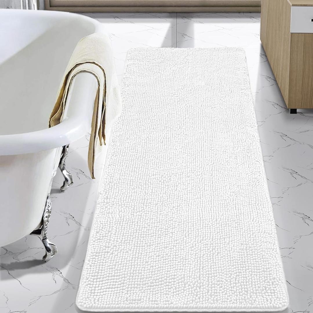 LOCHAS Luxury Bathroom Rug Shaggy Bath Mat 24 x 60 Inch, Washable Non Slip Bath Rugs for Bathroom Shower, Soft Plush Chenille Absorbent Carpets Mats, White