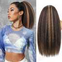 Yaki Straight Ponytail Extension for Black Women, 14 Inch Fluffy Thick Synthetic Yaki Ponytails, Drawstring Hair for Black Women Girls (Dark Brown with Brown Highlights 4H27)