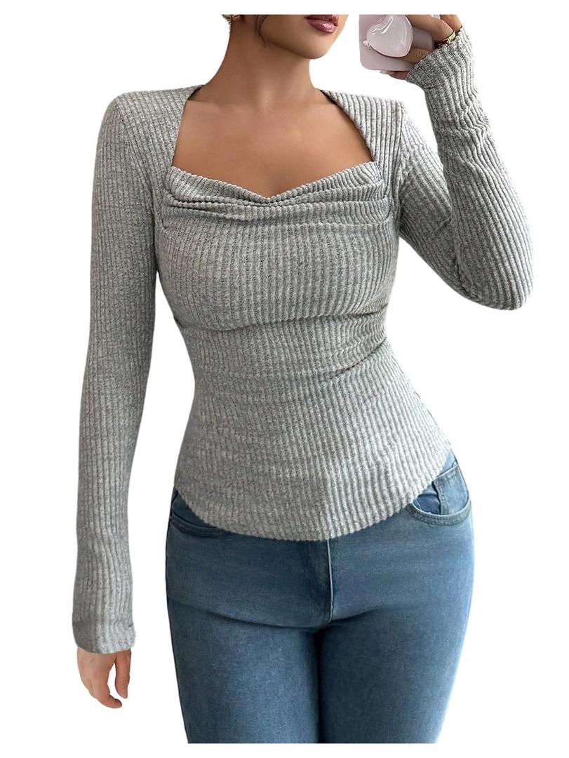 SHENHE Women's Long Sleeve Cowl Neck Shirts Draped Slim Fit Y2k Going Out Tops Blouses Light Grey Medium (M)