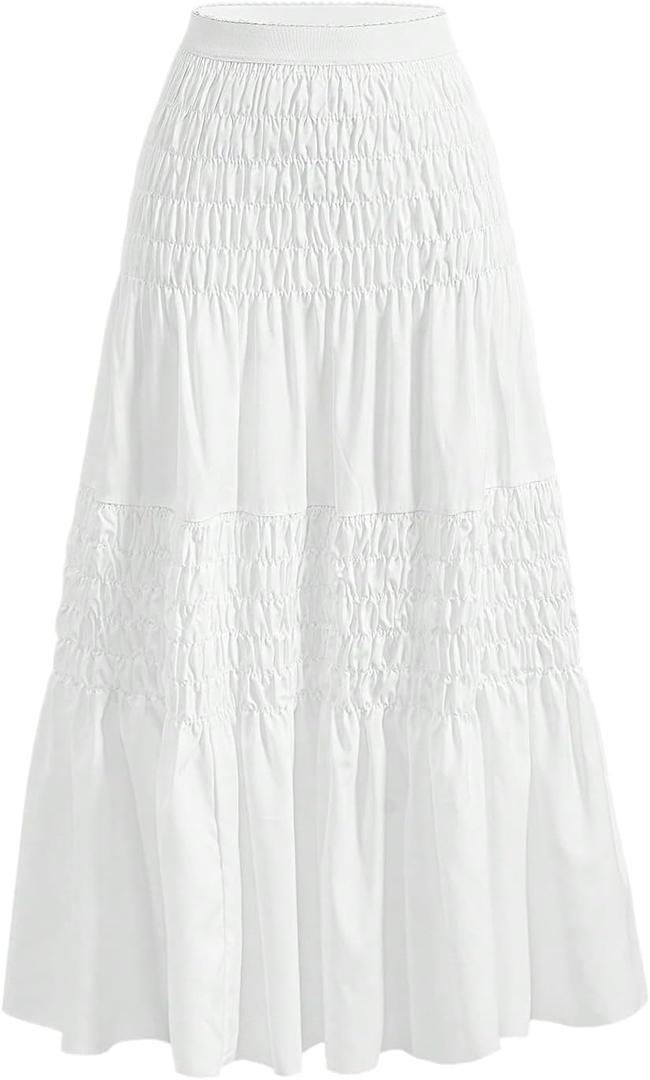 Milumia Women's Flowy Flared Boho Maxi Skirt Ruffle Smocked Tiered A Line Fall Long Skirts (White, M)