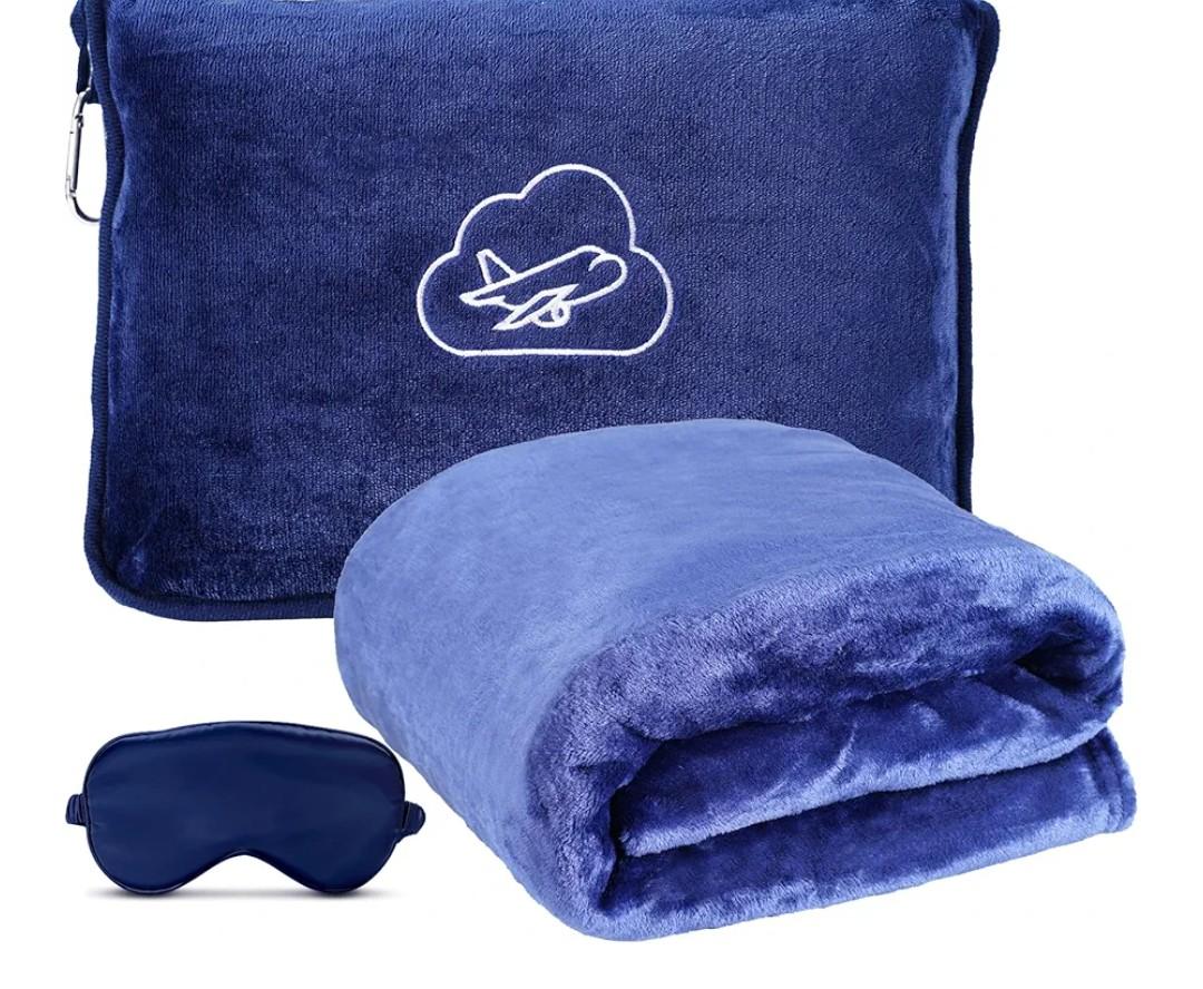 Travel Blanket, Ultra-Soft, Warm & Lightweight Travel Blanket Airplane with Bag, 65x40 in, Airplane Travel Essentials for Women, Men & Kids, Included Eye Mask, Luggage Sleeve & Backpack Clip