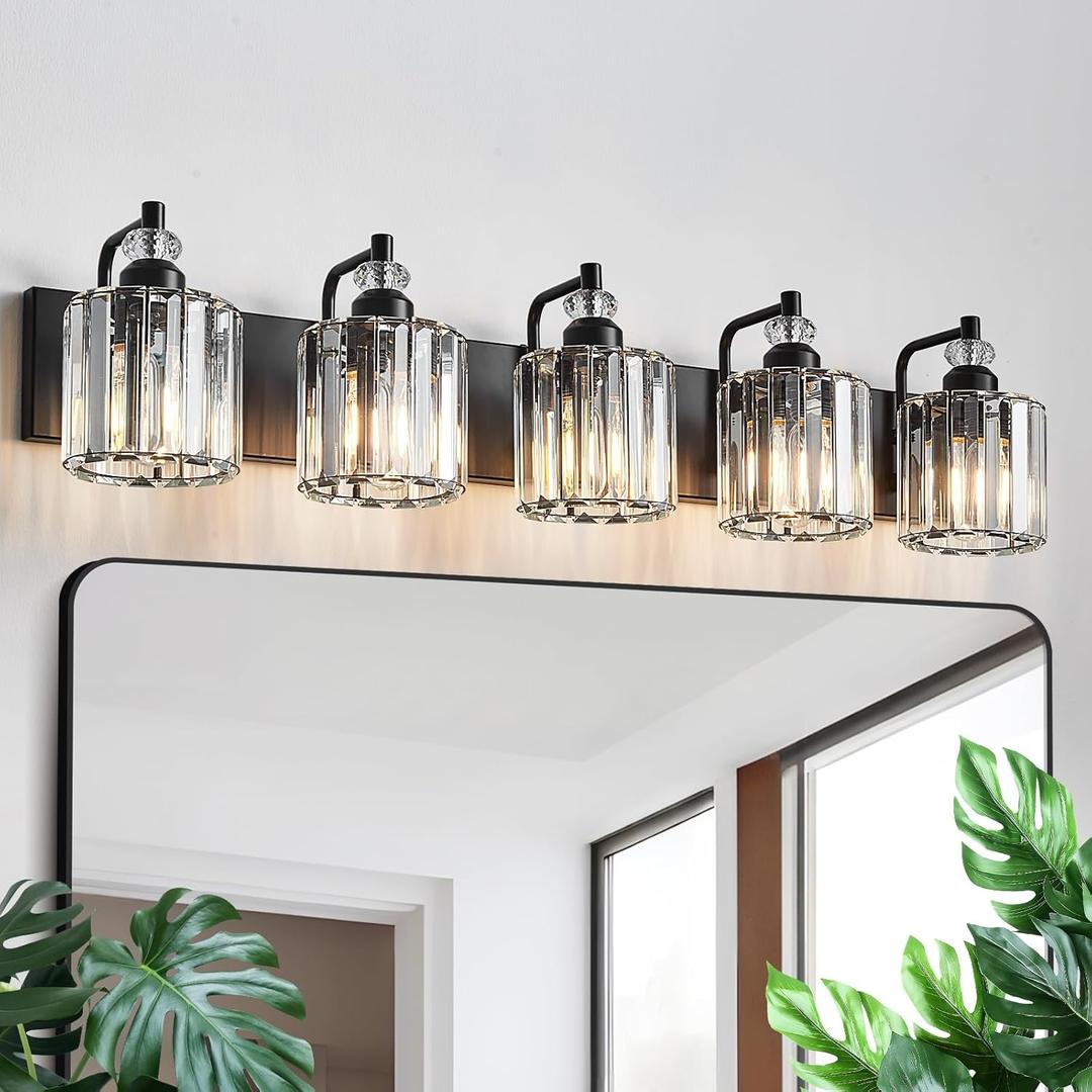 5-Light Black Bathroom Light Fixtures Over Mirror Modern Vanity Lights Crystal Wall Sconce Vintage Bathroom Lighting with Crystal Shade E26 Base for Bedroom, Living Room, Hallway
