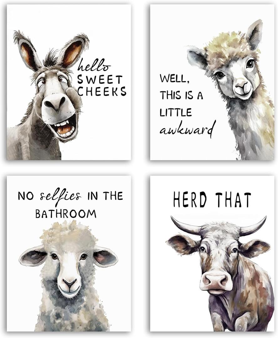 NIIORTY Funny Animal Wall Art Prints Bathroom Decor, Bathroom Quotes Wall Art, Watercolor Donkey Alpaca Sheep Cow Canvas Posters for Restroom Farmhouse Decor, Set of 4-8x10 inches Unframed NIIORTY Funny Animal Wall Art Prints Bathroom Decor, Bathroom Quotes Wall Art, Watercolor Donkey Alpaca Sheep Cow Canvas Posters for Restroom Farmhouse Decor, Set of 4-8x10 inches Unframed