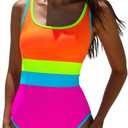 popvil Women's One Piece Swimsuits Tummy Control - Adjustable Strap Bathing Suit - Neon Color Block Sexy Sport Swim Suits,Hot Pink, Medium