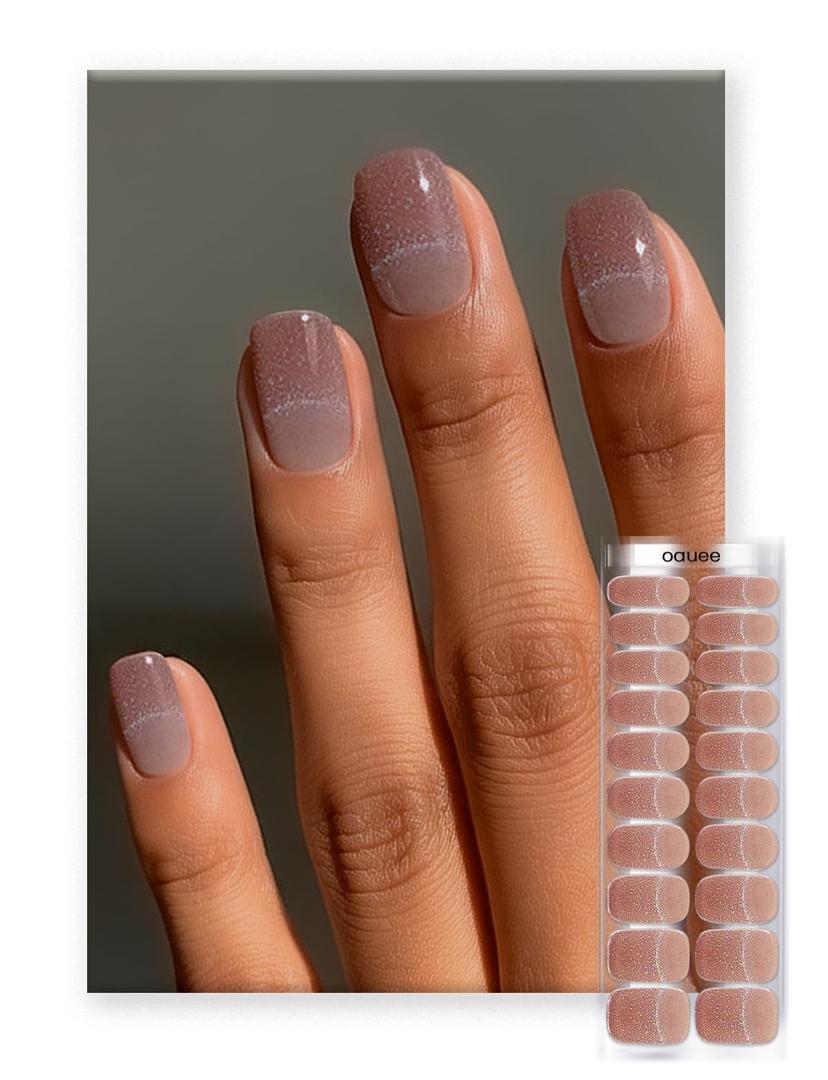 Semi Cured Gel Nail Strips | Built-In Gel Top Coat | UV Light Required | Salon Quality, Easy Application And Removal (Nude Glitter)