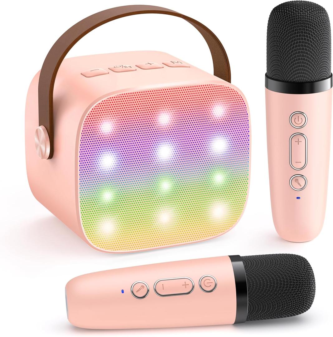 YLL Mini Karaoke Machine for Kids Adults, Portable Bluetooth Speaker with 2 Wireless Microphones, Trendy Birthday Gifts Toys for Girls Ages 3, 4, 5, 6, 7, 8, 9, 10+ Years Old Home Family Party (P-ink)
