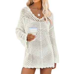 ANRABESS Swimsuit Cover Up for Women Crochet Bathing Suit 2026 Summer Swimwear V Neck Mesh Knit Beach Dress Vacation Outfits (White, S)