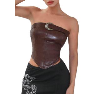 OYOANGLE Women's Buckle Detail Strapless Tube Top Asymmetrical Hem Pu Leather Crop Tank Tops Small 