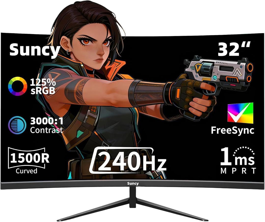 Suncy 32 Inch Curved 1k 240Hz Gaming Monitor High Refresh Rate, FHD 1080P Gaming PC Monitor HDMI DP1.4, Curved 1500R, HDR,Metal Stand,VESA Compatible.