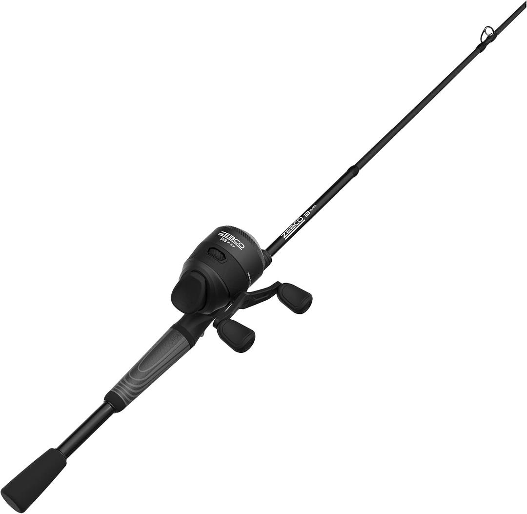 Zebco 33 Black Spincast Reel and Fishing Rod Combo, 6-Foot 2-Piece Graphite Rod with ComfortGrip Handle, QuickSet Anti-Reverse Fishing Reel with MicroFine Drag, Black