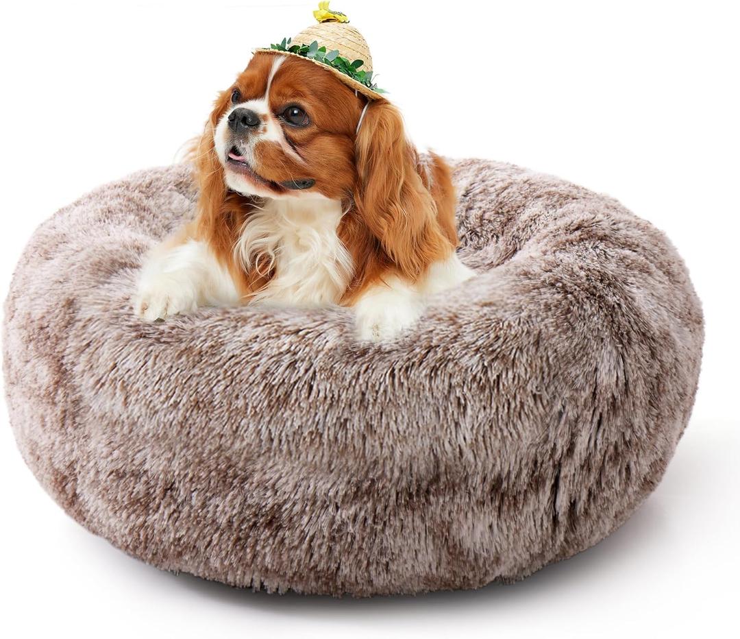 Calming Cat Bed for Indoor Cats, Donut Washable Small Dog Bed, Anti-Slip Round Fluffy Plush Faux Fur Pet Bed for Small Cats and Dogs (Brown White, 19.7'')