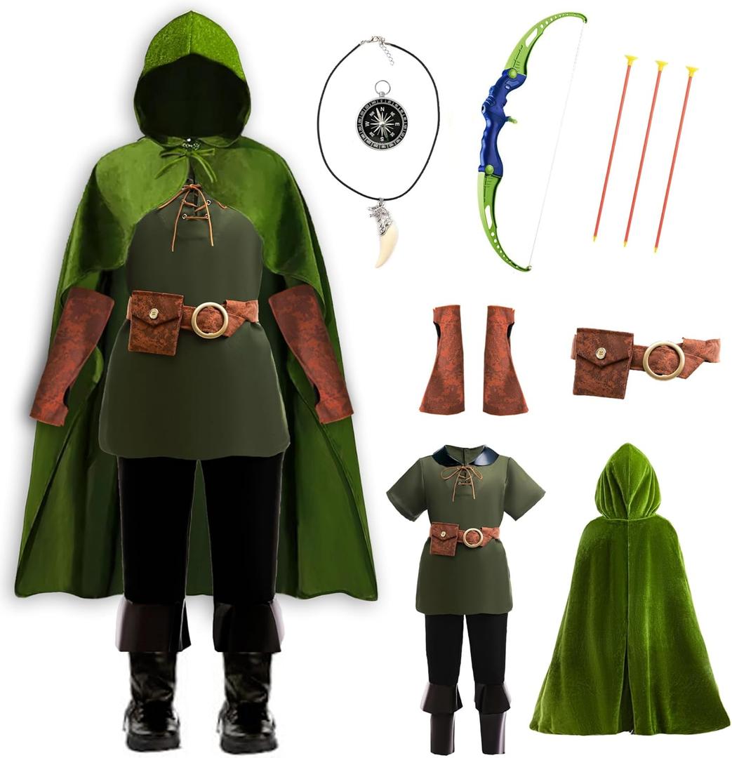 8 Pcs Archer Costume for Kids Boys Medieval Renaissance Hunter Costume with Cape (7-8 Years, Green)
