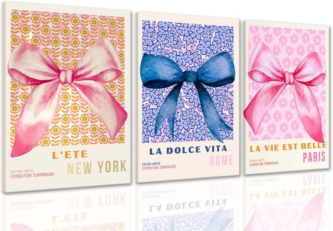 ZQARTZZQ Preppy Bow Wall Art Set of 3 Coquette Canvas Wall Decor Aesthetic Pictures Trendy Girly Wall Art Pink Blue Bow Prints Poster for Bedroom Living Room, 16x24in