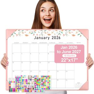 Gannyfer Desk Calendar 2026 with Desktop Mat, Simplified Large 22" x 17" Desktop Pad Calendar, 18 Month Desk Calendar, Use Jan 2026 to June 2027, Office Supplies Perfect for Home School and Office - Pink(6 Stickers Included)