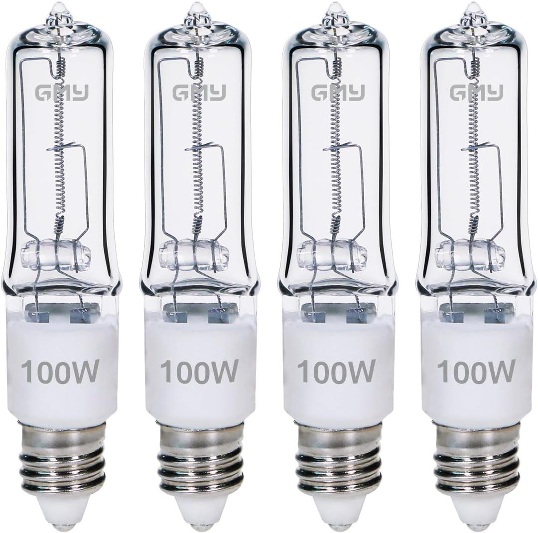 GMY JDE11 120V 100W T4 JDE11 Bulb, Mini Candelabra Base E11 Bulb, 1600lm 2800K Clear Dimmable 100 watt Halogen Light Bulbs for Ceiling fan light bulbs Replace E11 Led Bulb - 4Pack