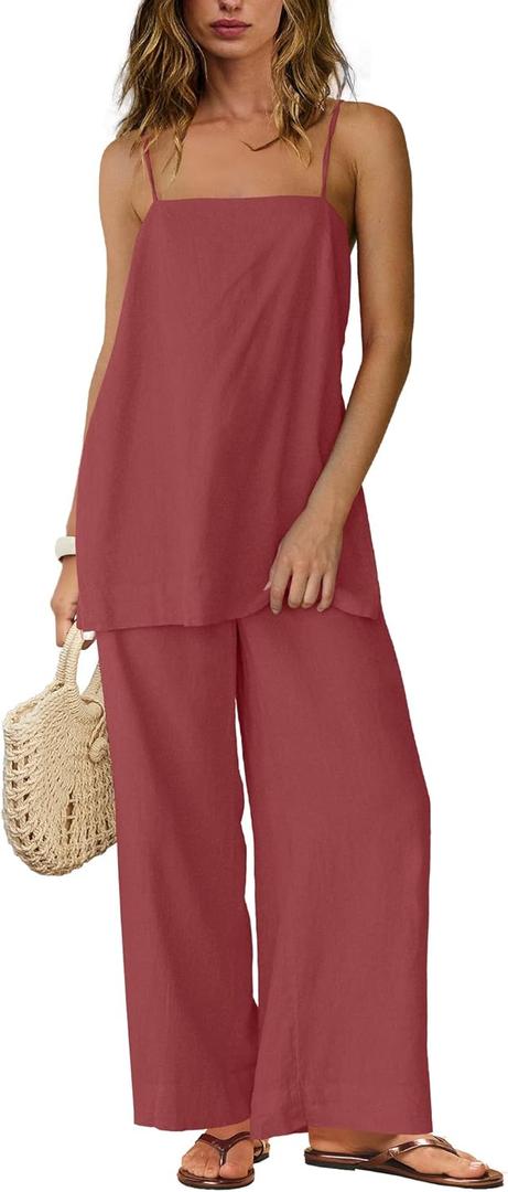 Yanekop Linen Sets for Women 2 Piece Pants Summer Outfits Matching Lounge Sets Spaghetti Strap Tank Top Pants Sets (Small, Burgundy)