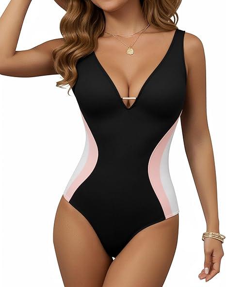 MANGOPOP Women's One Piece Swimsuits Slimming Tummy Control Bathing Suit Color Block Swim Suits 2026 Beach Vacation Clothes, Small