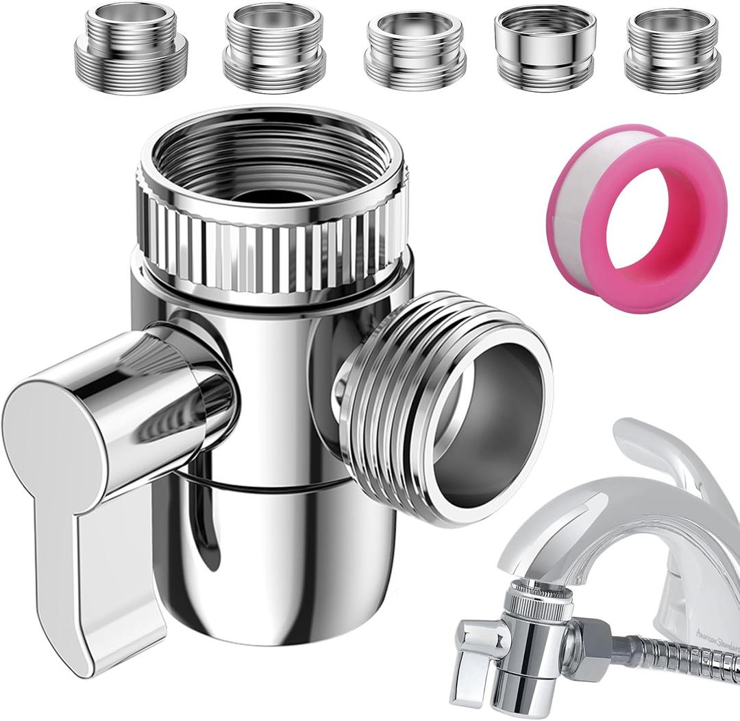 Faucet Diverter Valve with Aerator, 3-Way Diverter Valve for Hand Held Shower, Sink Faucet Splitter for Kitchen and Bathroom, with M22/M24/M26/F28/G1/2" Adapters (Sliver with 5 Adapters)