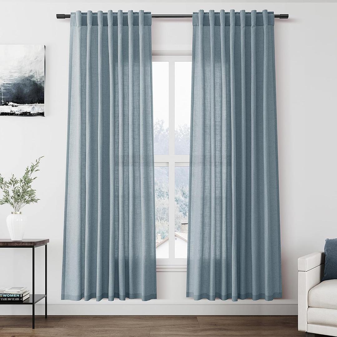 Nanspring Light Blue Linen Curtains 80 Inches Long 2 Panels Set for Living Room Bedroom Rod Pocket Back Tab Light Filtering Drape for Protect Privacy Curtain Modern Farmhouse Decor 52x80