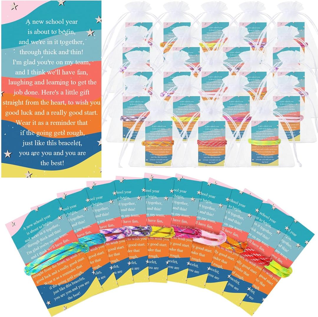 Liliful 30 Set First Day of School Bracelets Neon Friendship Bracelets Adjustable Rope Woven Bracelet Greeting Cards Bags for Students Spring Classroom Gifts from Teachers