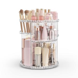 Rotating Makeup Organizer, Adjustable Vanity Organizer, Large Capacity Cosmetic Display Case for Spinning, Storage Carousel for Bathroom and Vanity Countertop, Diamond Pattern, Clear (Medium)