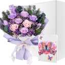 Magic Ants Preserved Roses Real Flowers Last 3 Years No Water 16" Forever Rose Bouquet 7 Lavender Purple Pink Eternas Mothers Day Anniversary Birthday Gift Box Card for Mom Wife Girlfriend