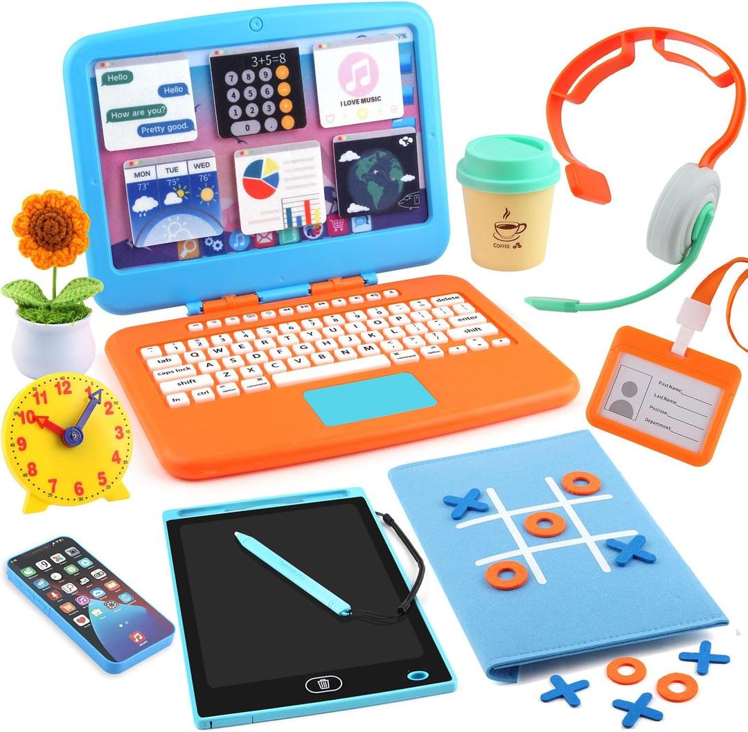 Pretend Play Home Office Set for Kids, Features Toy Laptop Computer, LCD Writing Tablet, Toy Phone, Headset, Sunflower & Coffee Cup, Toys Gifts for Boys Girls Age 3-5-7