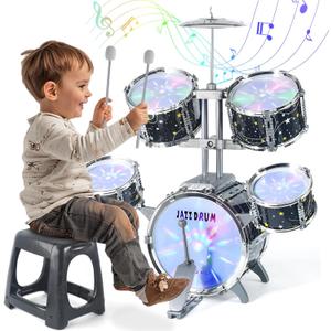 Kids Drum Set for Toddlers 1-3, Upgraded Jazz Drum Set for Kids, Musical Instrument Toys & Lights & All Plastic, Percussion Beginner kit for Boys Girls Toddlers Aged 3-5 5-7