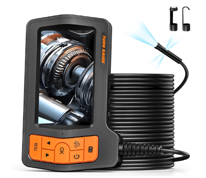 Triple Lens Sewer Camera with 50ft, 5" IPS Screen Borescope with Light, 1080P HD Endoscope IP67 Drain Pipe Snake Drain Camera, 32G Card SemiRigid Cable for Plumbing Inspection + Case