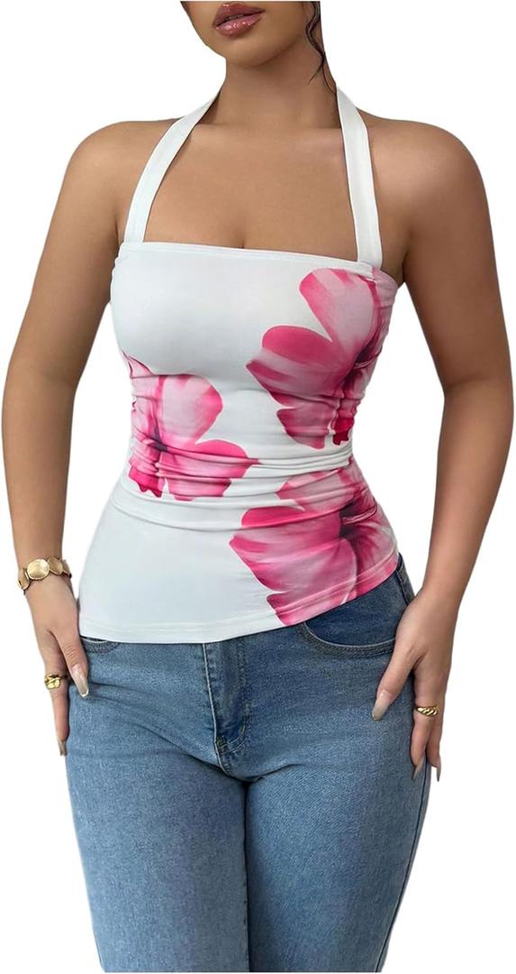 SOLY HUX Women's Floral Print Halter Tank Top Sleeveless Backless Ruched Asymmetrical Hem Summer Tops (Large)