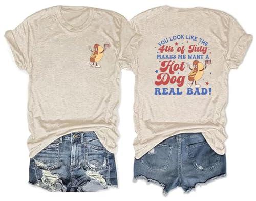 4th of July Shirts for Women Look Like Hot Dog Shirts Patriot 1776 Memorial Day Tops Front Back Printing Tee(DZFBGE01,X-Large)