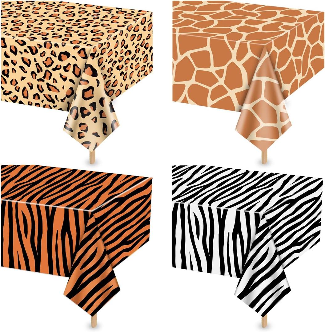 4Pcs Animal Print Table Cloths, Jungle Animal Theme Table Cover, Rectangular Leopard Tiger Zebra Giraffe Jungle Tablecloth for Zoo Safari Baby Showers Jungle Theme Birthday Decorations, 51x 86 Inch