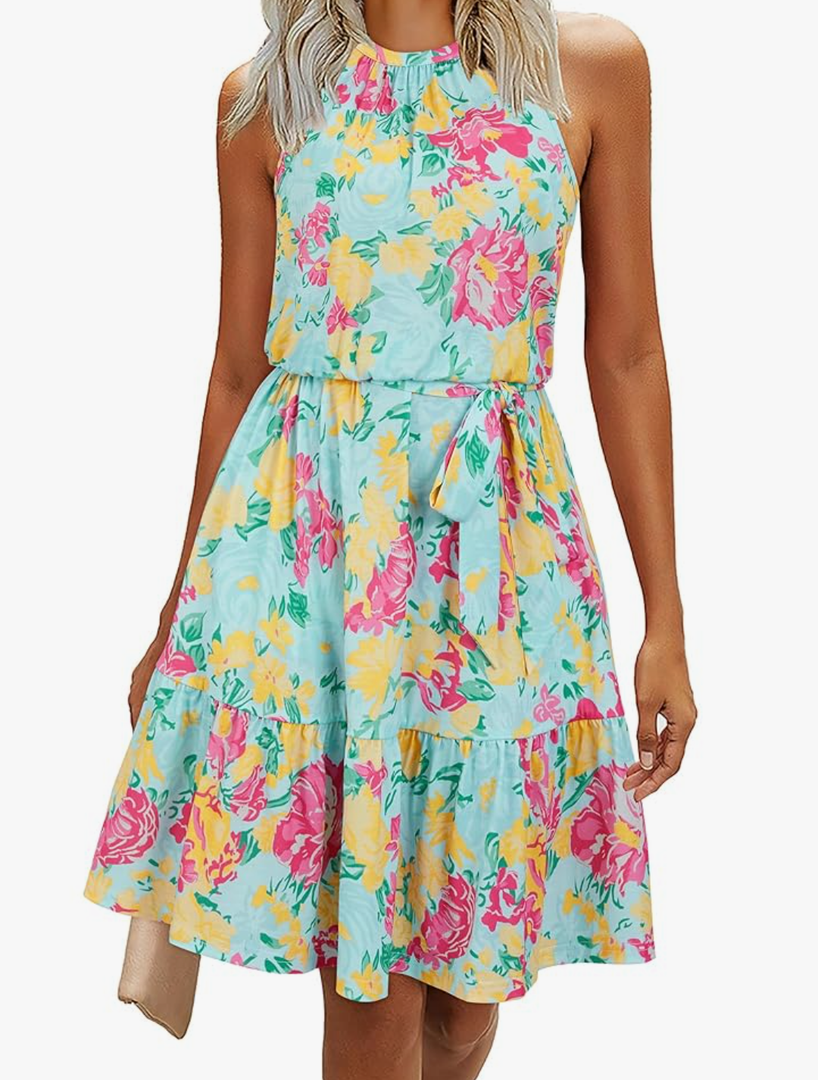 Newshows Women's 2025 Summer Dress Halter Casual Beach Vacation Outfits Hawaiian Dresses Ruffle Belted Sundress with Pockets (Light Blue Floral Rose, L)