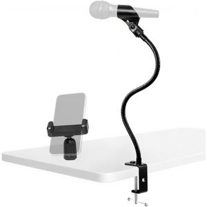 BILIONE 2 In 1 Gooseneck Mic Stand with Phone Clip, 13 Inch Flexible Mic Arm Desk Mount for Podium, Lecture, Podcast, Studio, Microphone Holder Compatible with Shure SM58, Beta 58A, Samson Q2U