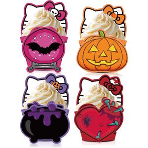 HOMEZZO 24 Pcs Halloween Cat Cupcake Toppers Wrappers, Spooky Ghost Kitty Cupcake Holders for Kids Birthday, Halloween Party Decorations